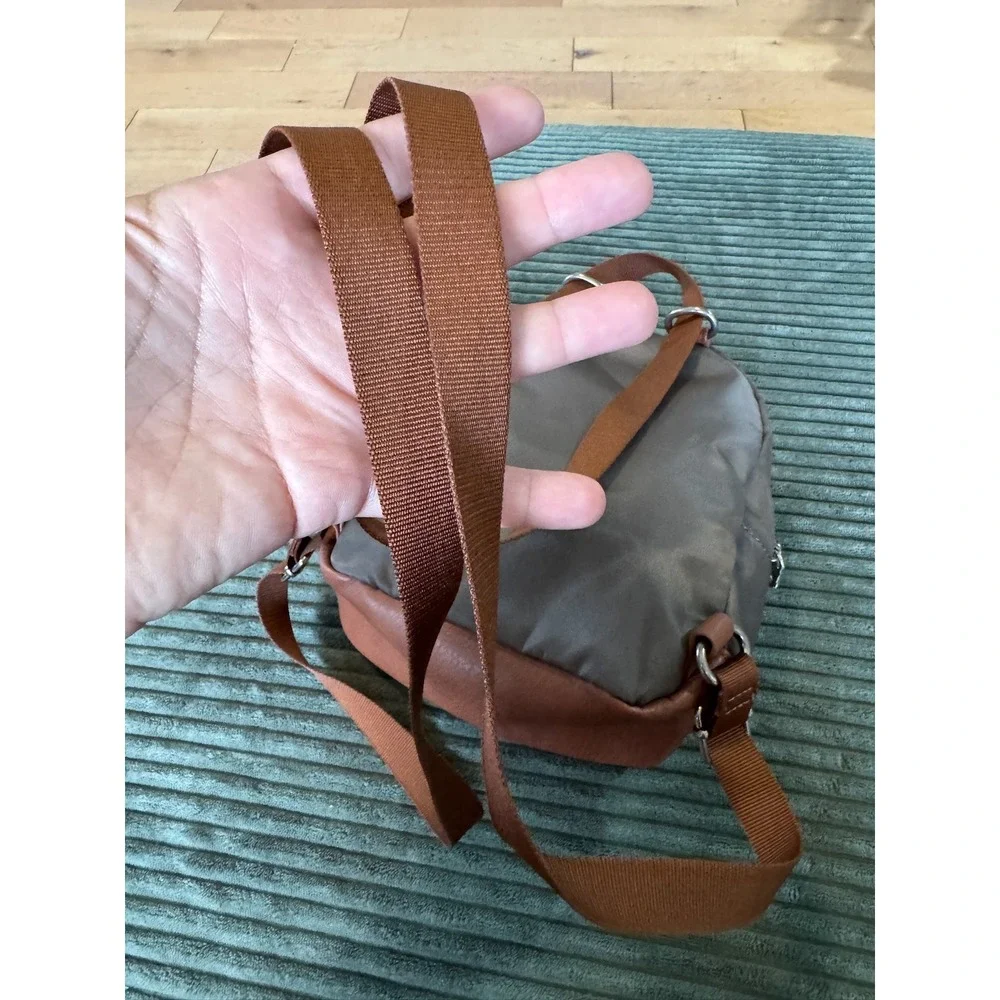 The Sak Mini Backpack Purse‎ Olive Brown Faux Leather Trim Travel Bag